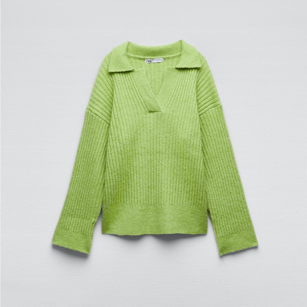 Green Ribbed Knit Polo Rugby Sweater